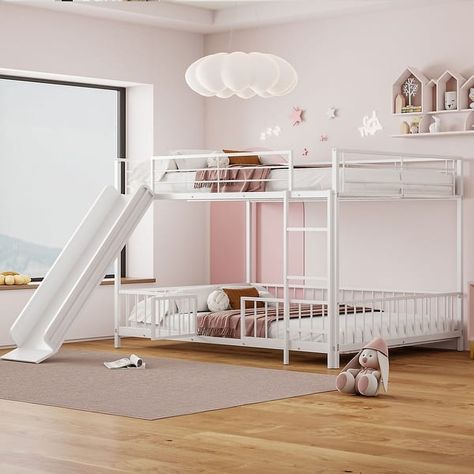 Full over Full Size Metal Bunk Bed with Slide and Guardrails, White - Bed Bath & Beyond - 41253043 Full Size Bunk Beds, Full Over Full Bunk Bed, Low Bunk Beds, Kids Bed Frames, Metal Bunk Bed, Bunk Bed With Slide, Full Bunk Bed, Metal Bunk Beds, Full Bunk Beds