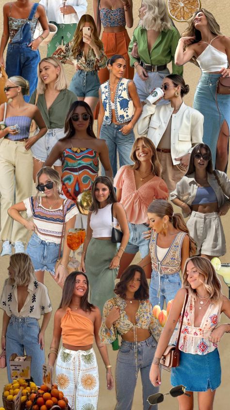 Collage of chic travel outfits for women on a summer vacation Trip Outfit Summer, Colorful Fits, Outfit Europe, Dance Style Outfits, Summer Brunch Outfit, Girl Trip, Travel Chic, Vacation Essentials, Trip Outfits