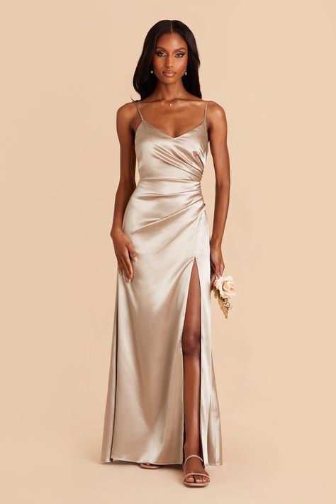 Catherine Sage Satin Mermaid Bridesmaid Dress | Birdy Grey Taupe Bridesmaid Dresses, Neutral Bridesmaid Dresses, Grey Bridesmaids, Champagne Bridesmaid Dresses, Champagne Bridesmaid, Gold Bridesmaid Dresses, Birdy Grey, Wedding Dress Champagne, Champagne Dress