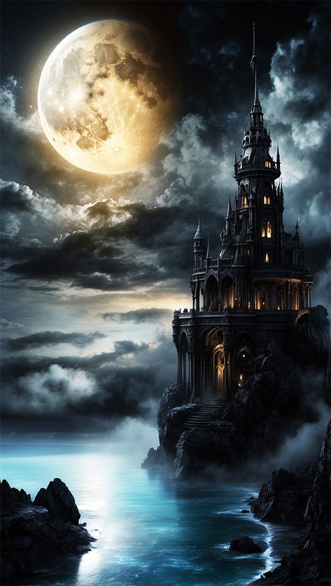 Castle on a cliff with a full moon in the background Castle On A Cliff, Whimsical Painted Furniture, Dnd Campaign, Scenery Painting, Black Castle, Halloween Graphics, Scenery Paintings, Moon Drawing, Castle House