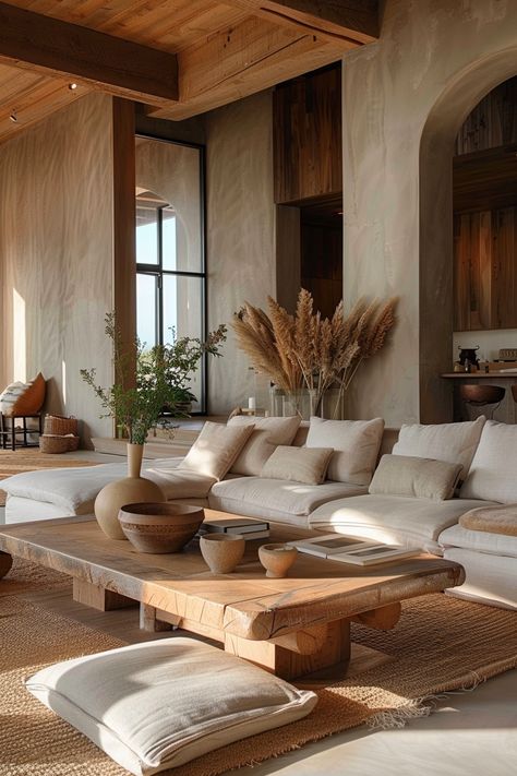 Immerse yourself in over 90 inspirations for timeless sophistication in Wabi Sabi living rooms. Discover the beauty of imperfection with simplicity, natural features, and harmonious layout. From handcrafted pieces to earth-toned palettes, shape a space filled with warmth and authenticity. #WabiSabiLivingRoom #TimelessSophistication #EmbraceImperfection Interior Design Living Room Earth Tones, Mid Century Modern Wabi Sabi, Japandi And Wabi Sabi, Salon Wabi Sabi, Warm Wood Living Room, Natural Interior Design Earth, Natural Living Room Decor Ideas, Wabi Sabi Living Room Interior Design, Earth Tone Interior Design