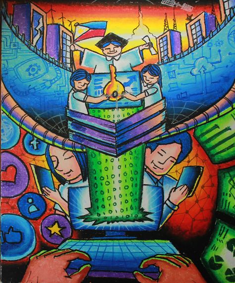 Theme: “Data Innovation: Key to a Better Nation” Medium: Oil Pastel on Illustration Board Matatag Na Edukasyon Poster, School Poster Drawing, English Month Poster Making, Importance Of Education Poster Drawing, Poster About Science, Education Related Drawings, Importance Of Education Poster, Math Poster Making Drawing, Economic Poster