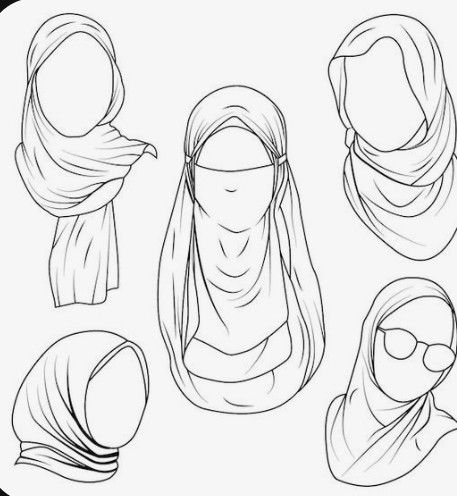 Hijabi Drawing Reference, Headscarf Drawing, Hijab Art Drawing, Hijab Drawing Reference, Polaroid Papercraft, Veil Sketch, Hijab Sketch, Hijab Drawing, Fashion Illustration Collage