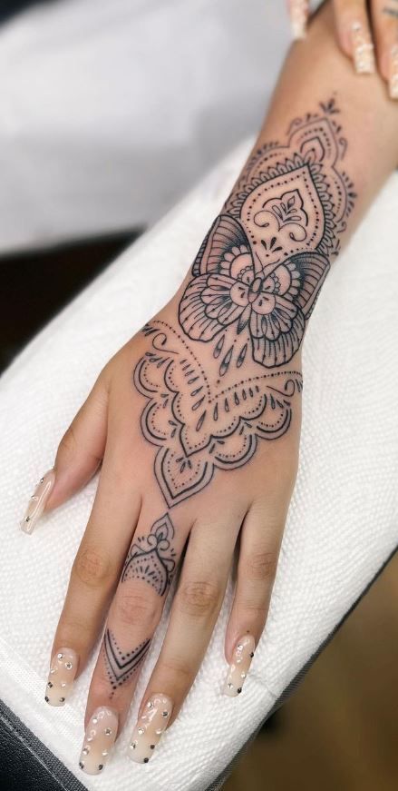 Butterfly Mandala Hand Tattoo, Lower Arm And Hand Tattoos For Women, Henna Style Hand Tattoos For Women, Lace Hand Tattoos For Women, Mandala Hand Tattoo Stencil, Forearm Hand Tattoo Women, Hand Pattern Tattoo, Create Hand Tattoo, Hand Mandela Tattoos