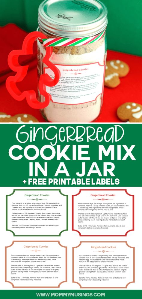 Gingerbread Cookie Mix in a Jar Mason Jar Cookie Mix Recipe, Gingerbread Printable, Diy Gingerbread Cookies, Mason Jar Gifts Recipes, Mason Jar Cookie Recipes, Cookie Mix Jar, Mason Jar Mixes, Gingerbread Cookie Mix, Cookie Mix In A Jar