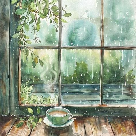 A Flurry of Fun - Page 225 - Blogs & Forums Rainy Day Drawing, Rain Illustration, Large Cross Stitch Patterns, Rainy Window, Cozy Rainy Day, Window Illustration, Window Drawing, Coffee Art Print, Rain Painting