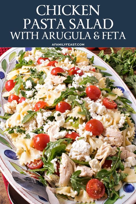 Chicken Pasta Salad with Arugula and Feta Pasta Salad With Arugula, Cold Chicken Pasta Salad, Chicken Bowtie Pasta, Bow Tie Pasta Recipe, Pasta House, Arugula Pasta, Bowtie Pasta Salad, Feta Pasta Salad, Salad Spinach