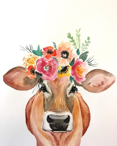 Meet Georgia. This fancy lady is always in her Sunday best. #cow #cows #cowsofinstagram #jerserycow #floralcrown #animalportrait… Crown Nursery, Painting Styles, Animal Images, Water Colours, Cow Painting, 수채화 그림, Cow Art, The Cow, A Cow