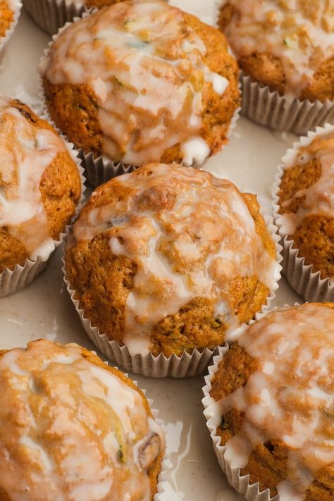 These moist Carrot Zucchini Muffins with a sweet glaze are the perfect treat for fall snacks, breakfast or dessert-made with grated zucchini. Carrot And Zucchini Muffins, Carrot Zucchini Muffins, Zucchini Muffin, Carrot Zucchini, Grated Zucchini, Sweet Glaze, Carrot Muffins, Brunch Spread, Fall Snacks