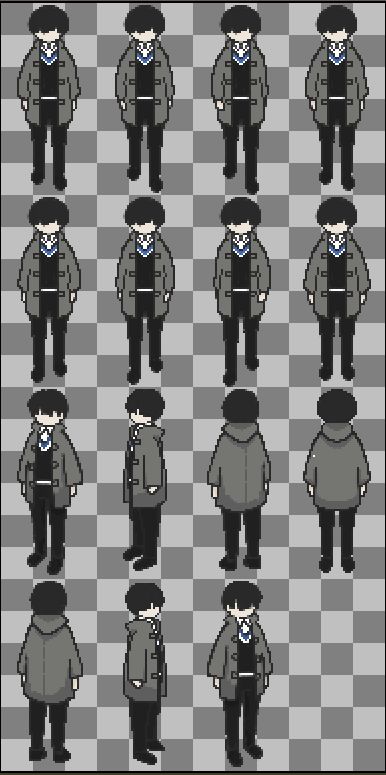 Main character design of our upcoming detective indie game. Credit: Oliver Cui Cyberpunk Computer Room, Game Dev Inspiration, Pixel Art Game Concept, Rpg Maker Sprites Character, Detective Design Character, Pixel Rpg Characters, Pixel Art Styles Inspiration, Indie Game Design, 32 Bit Character