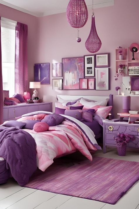 Bedroom Designs For Teens, Pink Teen Bedroom, Pink Teen Bedrooms, Pink And Purple Bedroom, Purple Bedroom Design, Beachy Boho Bedroom, Purple Bedroom Ideas, Purple Girls Room, Bedroom Purple