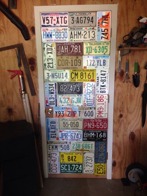 My husband's idea of how to display license plates. It turned out really cool. License Plate Ideas, License Plate Decor, License Plate Crafts, Old License Plates, License Plate Art, Cool Garages, Licence Plate, Vintage License Plates, Plate Ideas