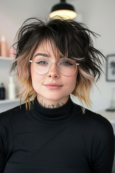 Best Short Shag Haircuts of 2024 Women Undercut Medium Hair, Shag Undercut Hair, Short Hair With Dyed Bangs, Peekaboo Hair Color Short Bob Hairstyles, Balayage Shag Hair Short, Shag Haircut Vivid Color, Styling A Short Shag Haircut, Shaggy Hair With Undercut, Cool Womens Haircuts