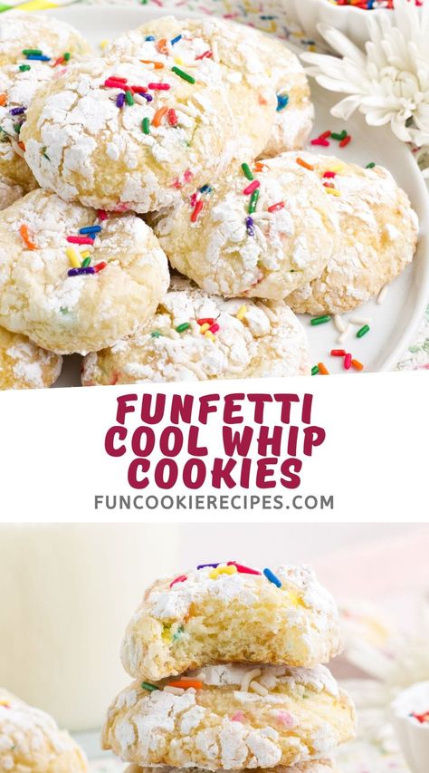 These soft and delicious Funfetti Cool Whip Cookies are so simple and fun to make. You need just four ingredients and 15 minutes! Cake Box Cookies With Cool Whip, Dessert Made With Cool Whip, Cake Mix Cookies Cool Whip, Christmas Cool Whip Cookies, Funfetti Christmas Cookies, What To Make With Cool Whip, Cake Mix And Cool Whip Cookies, Cool Whip Cookies Easy, Cool Whip Cake Mix Cookies