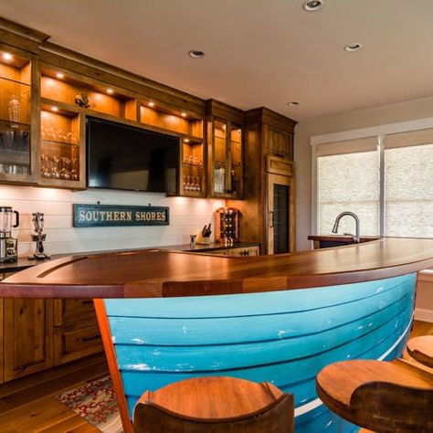 Custom Shiplap Boat Bar | OBX Kitchen and Bar by Cozy Kitchens Bar Made From Old Boat, Boat Coffee Shop, Boat Bar Design, Boat Countertops, Boat Bar Ideas, Wet Bar Inspiration, Lake Bar, Beach House Bar, Outdoor Bar Ideas