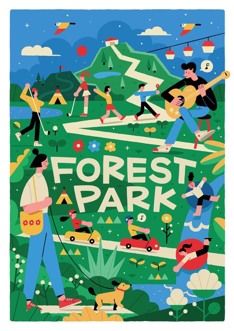 Pyeongchang phoenix resort spring illustraion on Behance Resort Graphic Design, City Pop Illustration, Spring Graphic Design, Pamplet Design, Hiking Poster, Sketchy Style, Park Illustration, City Pop, Pop Illustration