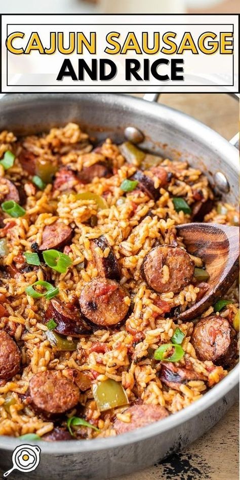 An easy recipe for cajun sausage and rice. This cajun sausage and rice skillet is a filling weeknight dinner, packed with plenty of smoky-spicy flavor! Sausage And Peppers Rice Skillet, Rice Sausage And Peppers, Turkey Kielbasa And Rice Recipes, Breakfast Smoked Sausage, One Pot Cajun Sausage And Rice, Spicy Sausage And Rice, Quick And Easy Dinner Recipes Cheap, Sausage Rice Beans, Smoked Sausage Black Beans And Rice