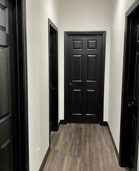 Black Trim And Doors White Walls, Black Interior Doors Dark Floors, Black Door Trim White Baseboards, Black Doors For Bedroom, Gray Room Black Trim, Black Moulding Trim, White Walls With Black Doors And Trim, Black Trimming Interior, Black Doors White Walls Hallways