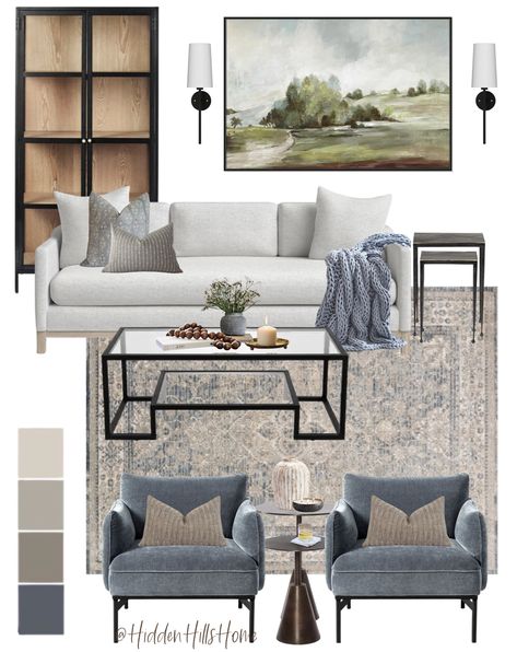 Blue Gray Rug Living Room, Living Room Cool Tones, Blue And Grey Living Room Decor, Coastal Inspired Living Room, Grey Chairs Living Room, Neutral Blue Living Room, Light Grey Couch Living Room Ideas, L Shape Sofa Design, Shape Sofa Design