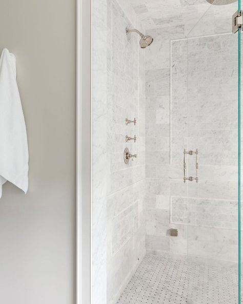 Marianne Simon Design on Instagram: “Rise and shine! We love creating beautiful bath details for our wonderful clients. #mariannesimon #mariannesimondesign #interiordesign…” Marble Basketweave Floor, Herringbone Shower Wall, Basketweave Tile Bathroom, Marble Tile Bathroom Floor, Traditional Bathroom Tile, Marble Basketweave, Marble Shower Walls, Master Remodel, Multiple Shower Heads