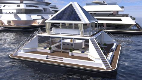 Mayan Architecture, Slanted Walls, Floating Architecture, Floating Hotel, Floating City, Floating House, Yacht Design, City Hotel, Futurism