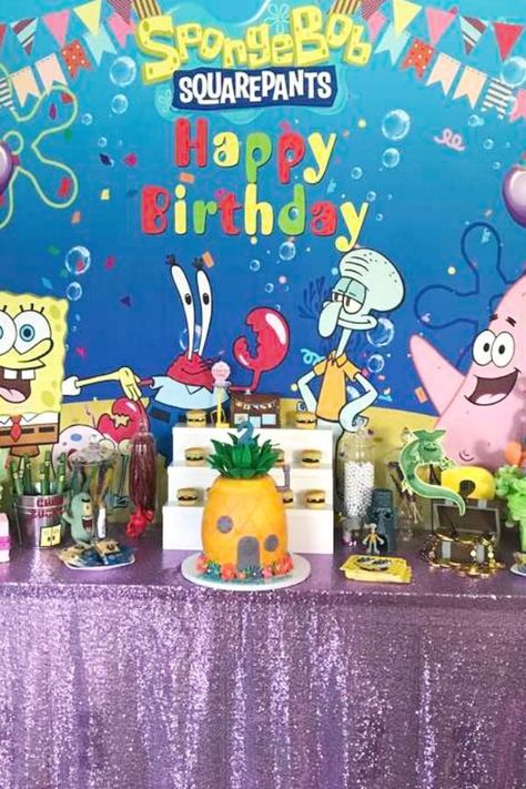 Check out this fun Sponge Bob birthday party! The dessert table is awesome! See more party ideas and share yours at CatchMyParty.com #catchmyparty #partyideas  #spongebob #spongebobparty #underthesea #bikinibottom Sponge Bob Birthday Party, Sponge Bob Birthday, Fiesta Table, Sea Party Ideas, Spongebob Birthday Party, Dessert Table Backdrop, Spongebob Party, Spongebob Birthday, Dessert Table Decor