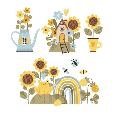 Sunflower Cute Illustration, Sunflower Doodle Art, Flower Cute Illustration, Cute Garden Illustration, Spring Vector Illustration, Sunflower Cute Drawing, Cute Spring Illustration, Sunflower Illustration Simple, Spring Illustration Design