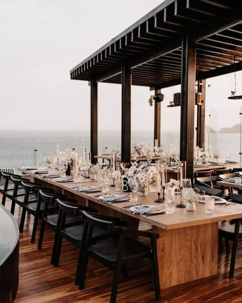 Timeless and chic black and white Cabo rooftop wedding reception Black And White Reception, Rooftop Wedding Reception, Romantic Black And White, Beach Wedding Black, White Reception, Beach Wedding White, White Weddings Reception, Martha Weddings, Black And White Beach