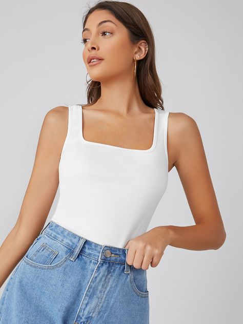 Shirt And Tank Top Outfit, Basic Top Outfit, White Tank Top Outfit, Plain White Top, Shein Basics, Simple Tank Tops, Mesh Tops, Stylish Summer Outfits, Solid Tank Tops