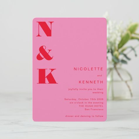 Red Pink Wedding, Minimalist Wedding Invitation Modern, Bold Wedding Invitations, Pink Wedding Invitation, Unique Wedding Invitation, Light Pink Wedding, Simple Typography, Black And White Wedding Invitations, Modern Monogram