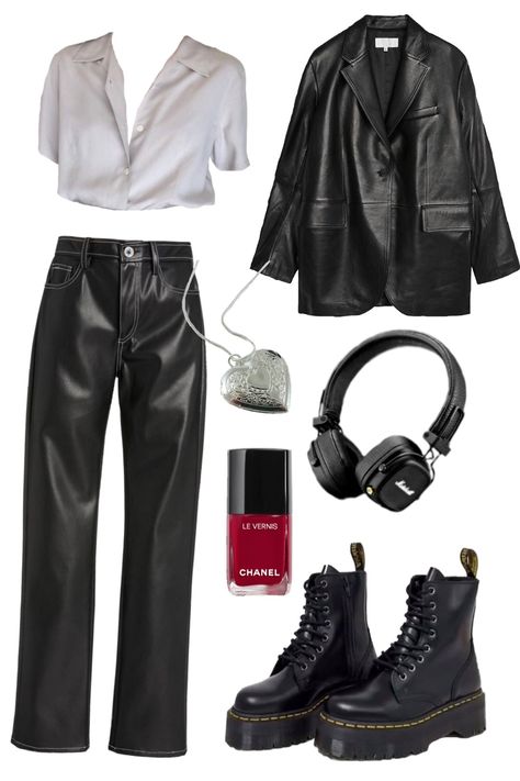 leather jacket and trousers, Doc Martens, white blouse, red nail polish, headphones and heart necklace Rockstar Outfit Inspiration, Rockstar Clothing Aesthetic, Rockstars Gf Outfits Aesthetic, Simple Rock Outfit, Rockstar Outfit For Women Aesthetic, Rockstar Casual Outfit, Rockstar Gf Aesthetic Outfits Casual, Rockstars Gf Nails, Simple Rockstar Outfit