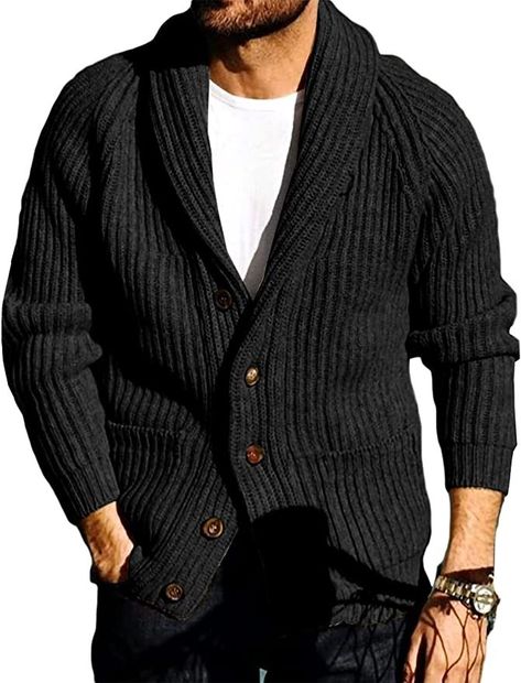 High Quality Artificial Knitwear for Men. Soft and Thick, Offers a Perfect Wearing Comfort. Chunky Knitted Jacket. Ideal for Autumn, Winter and Early Spring. Fashionable Knitted Outerwear for Cold days. Cable Knit, Shawl Collar with V-Neck, Button Closure, 2 Pockets, Long Sleeve, Plain/Solid Colour, Loose Fit. Stylish and Comfortable to wear. Suitable for most of your daily occasions: Working in Office, Leisure at Home, Going out for Dating, Party, Vacation or just a Walk. Mens Shawl Collar Cardigan, Mens Shawl, Ribbed Jacket, Autumn Knitwear, Black Shawl, Mens Cardigan Sweater, Shawl Collar Cardigan, Cardigan Sweaters, Thick Sweaters