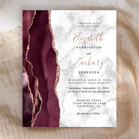 Budget Burgundy Rose Gold Agate Marble Wedding | Zazzle Fall Wedding Planning, Wedding Zazzle, Marsala Color, White Marble Background, Elegant Modern Wedding, Afternoon Wedding, Marble Wedding, Modern Wedding Invitation, Marble Background