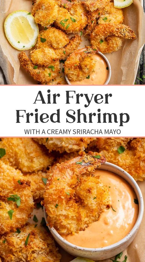 Tender and totally crispy fried shrimp has never been easier or lighter, and it's all thanks to the magic of the air fryer. With an Old Bay seasoned breading, crunchy panko breadcrumbs, and a cool, creamy sriracha mayo, these homemade popcorn shrimp are a deliciously light, airy alternative to traditional fried shrimp. Air Fryer Fried Shrimp, Smoked Seafood, Crispy Fried Shrimp, Fried Shrimp Recipes, Air Fryer Fish, Popcorn Shrimp, Homemade Popcorn, Sriracha Mayo, Air Fried Food