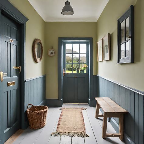 Dark Skirting Boards Light Walls, Blue Hallway Ideas, Hallway Blue, Cottage Hallway, Landing Stairs, Stairway Ideas, Mission House, Cottage Vibes, Townhouse Garden