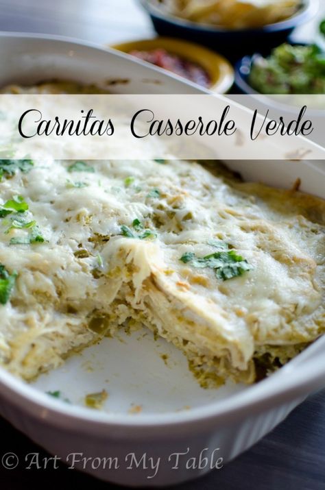 Art From My Table's carnitas casserole - looks simple and delicious! No weird ingredients that are hard to find. Carnitas Casserole, Shredded Pork Recipes, Pork Enchiladas, Pork Casserole, Verde Recipe, Pulled Pork Leftovers, Carnitas Recipe, Easy Freezer Meals, Taco Casserole