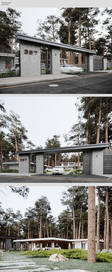 Entrance zone 2021 on Behance Parking Entrance Design, Villa Gate Design, Entrance Gates Design Architecture Front Entry, Villa Entrance Landscape, Hotel Gate Design Entrance, Resort Gate Design Entrance, Modern Resort Entrance Gate Design, Society Entrance Gate Design, Colony Entrance Gate Design Classical