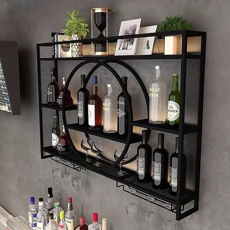 Wine Rack Kitchen Wine Rack Ideas, Wall Bar Cabinet, Guardrail Design, Wine Rack Metal, Hanging Wine Glasses, Mounted Wine Rack, Hanging Wine Rack, Deco House, Bar Shelves