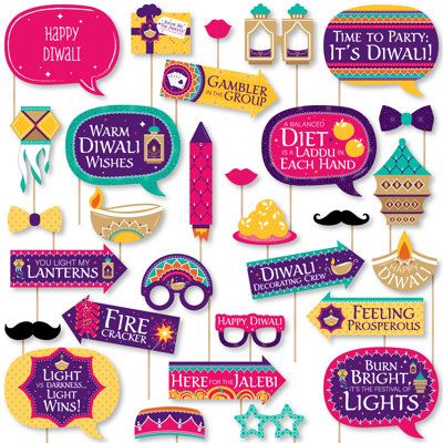 Capture all the party fun when you use the 30-piece Funny Happy Diwali Photo Booth Props Kit. Professionally printed and cut on sturdy cardstock paper, these Festival of Lights Party photo booth accessories will entertain your guests and give them something to remember. With 30 total pieces that range from hilarious talk bubbles and arrows to silly glasses, mustaches, and more, your guests will have an absolute blast taking pictures! To assemble the props, attach the included sticks to each pape Diwali Props Ideas, Diwali Photo Props, Diwali Selfie Frame, Diwali Selfie Booth, Diwali Photo Booth Ideas, Diwali Photobooth Ideas, Diwali Photo Booth, Diwali Board, Photo Booth Picture Frames