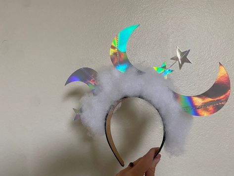 Holographic Moon & Star Dream Cloud Headpiece - Etsy Cloud Headpiece, Stars And Moons, Moons And Stars, Disney Halloween Costumes, Satin Headband, Head In The Clouds, Paper Moon, Costume Hats, In The Clouds