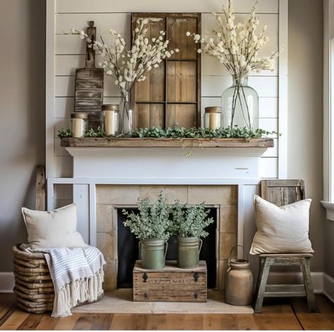 Fireplace Mantle Decor Farmhouse, Farmhouse Parlor, Over Fireplace Decor, Fireplace Updates, Lake Farmhouse, Rustic Fireplace Decor, House Sunroom, Mantel Decorating, Mantel Ideas