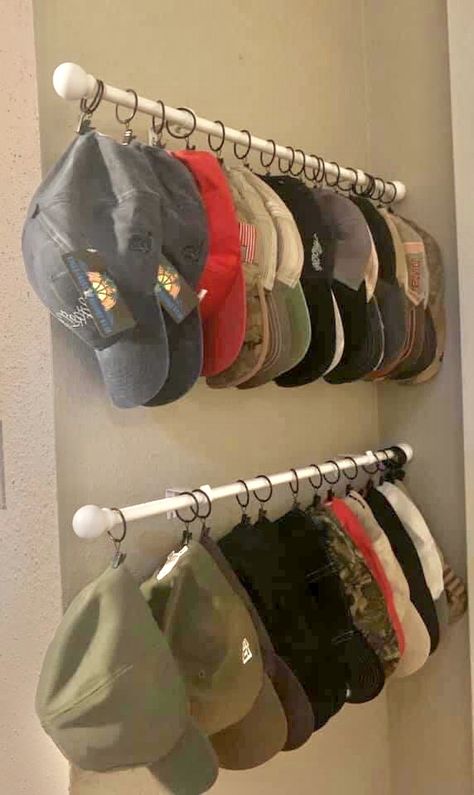 Bucket Hat Organization, Hat And Glove Storage Ideas Entryway, Cap Holder Diy, Glasses Storage Ideas, Ballcap Storage, Hat Organization Ideas, Hat Storage Ideas, Clothing Rack Bedroom, Rental Home Decor