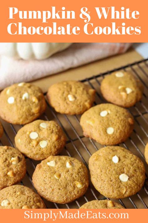 Pumpkin white chocolate chip cookies on baking rack. Pumpkin White Chocolate Chip Cookies, Cold Apple Cider, Pumpkin White Chocolate, Best Fall Recipes, Fall Fun Food, Fall Baking Recipes, White Chocolate Chip, White Chocolate Cookies, White Chocolate Chip Cookies