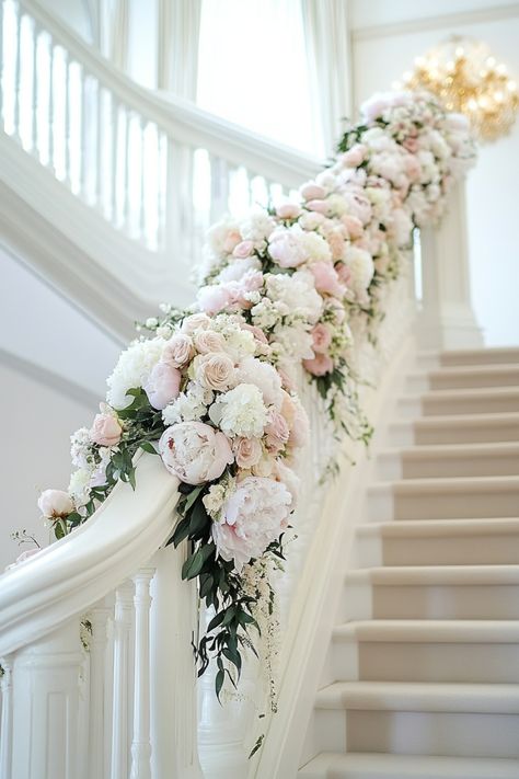 Transform your staircase with these 40+ wedding flower decor ideas. These designs will make your staircase a beautiful centerpiece of your celebration. Discover all the stunning options! #StaircaseDesign #WeddingFlorals #EventStyling Staircase Wedding Flowers, Castle Wedding Flowers, White And Pink Wedding Flowers, Staircase Flowers, Wedding Staircase Decoration, Flower Decor Ideas, Wedding Staircase, Wedding Flower Decor, Purple Wedding Bouquets