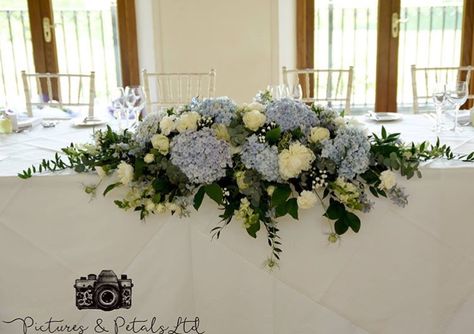 Sweetheart Table Hydrangea, Blue Hydrangea Centerpiece, Floral Desing, Reception Stage Decor, Baby Blue Weddings, Church Wedding Flowers, Blue White Weddings, Blue Centerpieces, Wedgewood Wedding