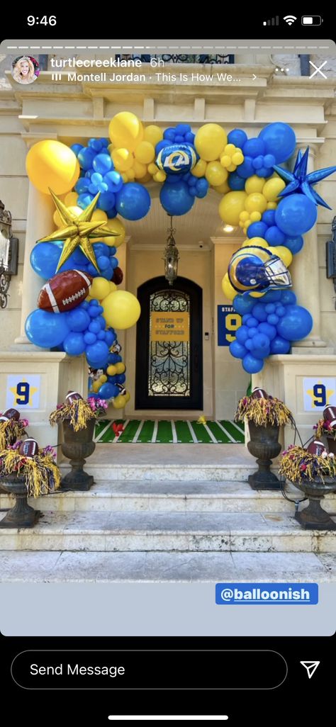 Rams Party Ideas, Chargers Football Theme Party, La Rams Birthday Party Ideas, Chargers Football Party, Homecoming Balloons, Super Bowl Party Decorations, Senior Boards, Nfl Party, Superbowl Party Decorations