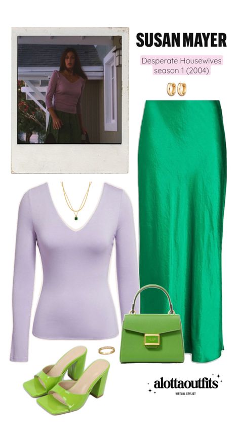 Susan Mayer inspired outfit featuring a v neck lilac long sleeve top, green midi skirt, and green mules. Susan Mayer Outfit, Desperate Housewives Outfits, 2000s Core, Desperate Housewives, Virtual Stylist, 90s 2000s, Chic Look, Casual Chic Style, Rachel Zoe