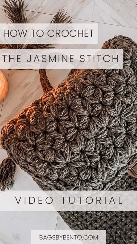 Floral crochet stitch pattern on a green backpack with a candle next to it. Jasmine Stitch Crochet, Learning Crochet, Crochet Daisy, Crochet Tutorials, Stitch Crochet, Crochet Cross, Quick Crochet, Crochet Instructions, Crochet Round