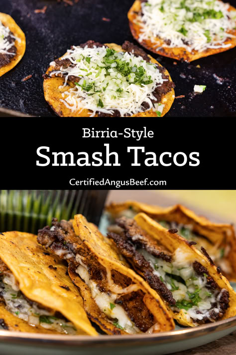 Smashing doesn’t just have to be for burgers! Let’s revolutionize taco night instead. Chef Gavin unveils the simplicity and brilliance behind crafting these Birria-style Smash Tacos. Start with #CertifiedAngusBeef 75% lean ground beef to make your tacos smashing with flavor and perfect for impressing your guests any day of the week! Hamburger Street Tacos, Birria Tacos With Ground Beef, Best Mexican Tacos, Blackstone Tacos Ground Beef, Chorizo Smash Tacos, Ground Beef Birria Tacos, Street Tacos Recipe Beef, Taco Burgers Ground Beef, Ground Beef Street Tacos