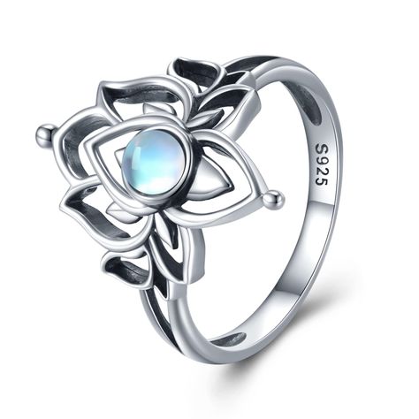 PRICES MAY VARY. Lotus Ring with lotus flower and shimmering synthetic moonstone with soft light blue halo. Moonstone, June birthstone, is believed to be captured by moon beams that reached the earth, it is considered a good luck gem. People also call it "the lover's stone", which has a special meaning. Lotus Rings for Women Material: Our lotus flower rings made of 925 sterling silver and a synthetic moonstone in the middle of the ring. Hypoallergenic, nickel-free, lead-free, cadmium-free and do Freeform Ring, Lotus Flower Ring, Yoga Lotus, Lotus Ring, Flower Rings, Spiritual Yoga, Lotus Jewelry, Silver Lockets, June Birthstone